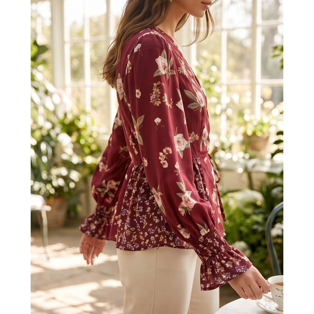 Suzanne Betro XL Floral Print Mix Wrap Tie Front Blouse Burgundy Romantic NWT